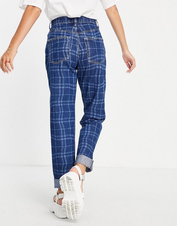 Asos Design Cotton Blend High Rise 'slouchy' Mom Jeans In Navy Check - Navy