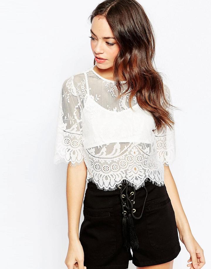 Daisy Street Lace Crop Top With Bralet - Cream