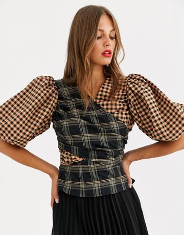 Asos Design 3/4 Sleeve Wrap Top In Mixed Check Print - Multi