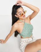 Asos Design Crochet Halter Crop Top In Sage-green