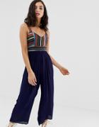 En Creme Wide Leg Jumpsuit With Woven Bodice - Navy