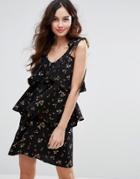 Fashion Union Mini Dress In Floral With Ruffles - Black