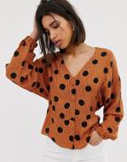 Mango Polka Dot Printed Blouse In Orange - Orange