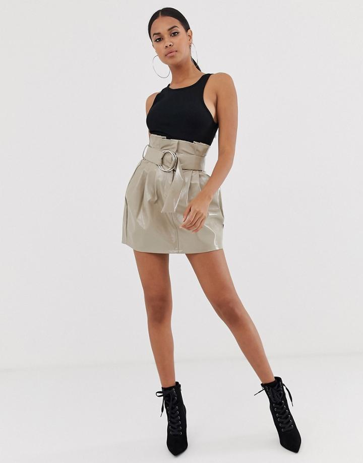 4th + Reckless Paperbag Pu Buckle Skirt In Mocha-beige