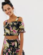 River Island Beach Crop Top With Cold Shoulder In Tropical-multi