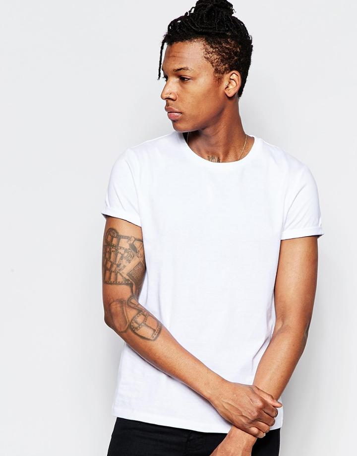 Asos T-shirt With Crew Neck And Roll Sleeve In White - White