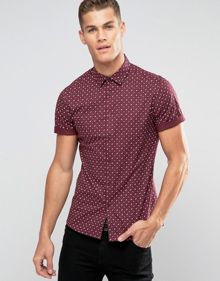 Asos Skinny Shirt In Burgundy With Paisley Print And Short Sleeves - Burgundy