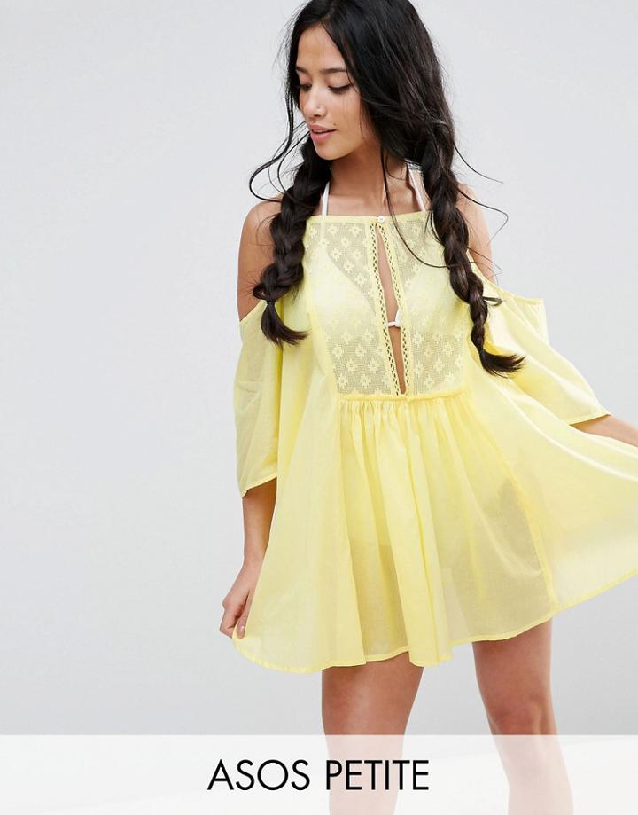 Asos Petite Cold Shoulder Lace Front Beach Cover Up - Yellow