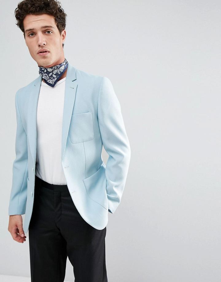 Asos Skinny Blazer In Blue Waffle Fabric - Blue
