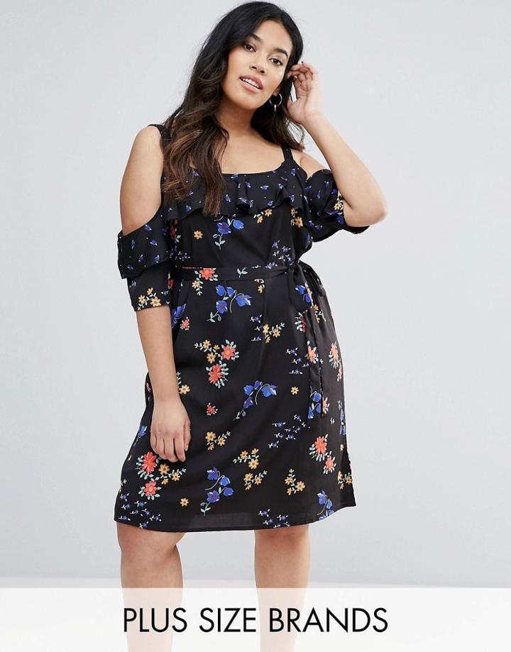 New Look Plus Floral Cold Shoulder Dress - Black