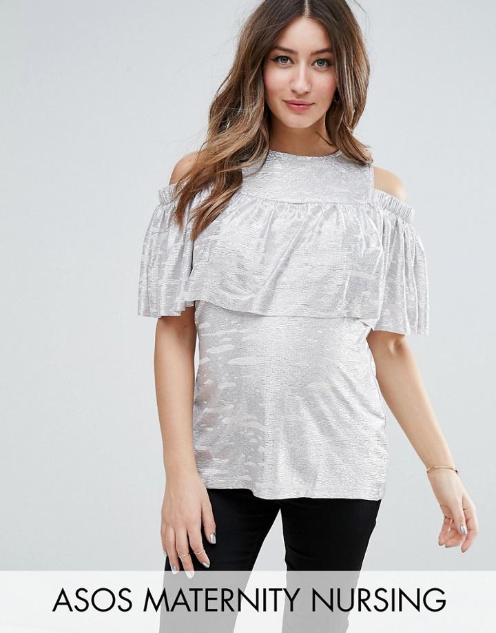 Asos Maternity Nursing Metallic Cold Shoulder Top - Silver