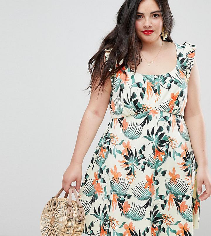 Asos Design Curve Frill Sleeve Button Front Sundress In Tropical Print - Multi