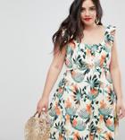 Asos Design Curve Frill Sleeve Button Front Sundress In Tropical Print - Multi
