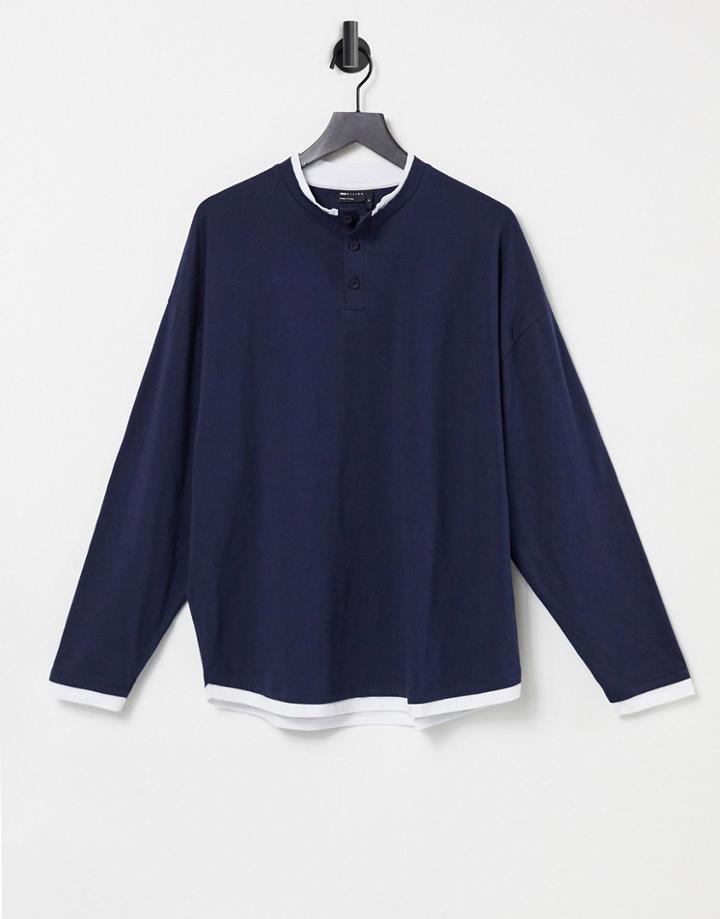 Asos Design Oversized Long Sleeve T-shirt With Double Layer And Grandad Collar In Navy