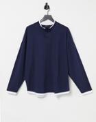Asos Design Oversized Long Sleeve T-shirt With Double Layer And Grandad Collar In Navy