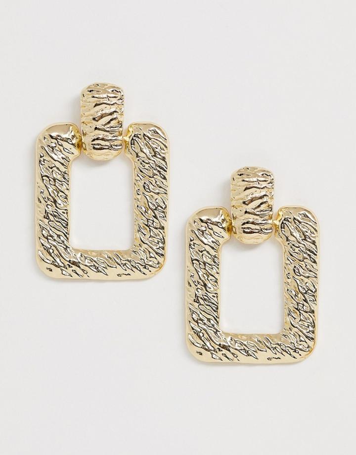 Asos Design Earrings In Square Design With Hammered Effect In Gold - Gold