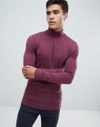 Asos Design Muscle Fit Long Sleeve T-shirt With Roll Neck In Purple - Red