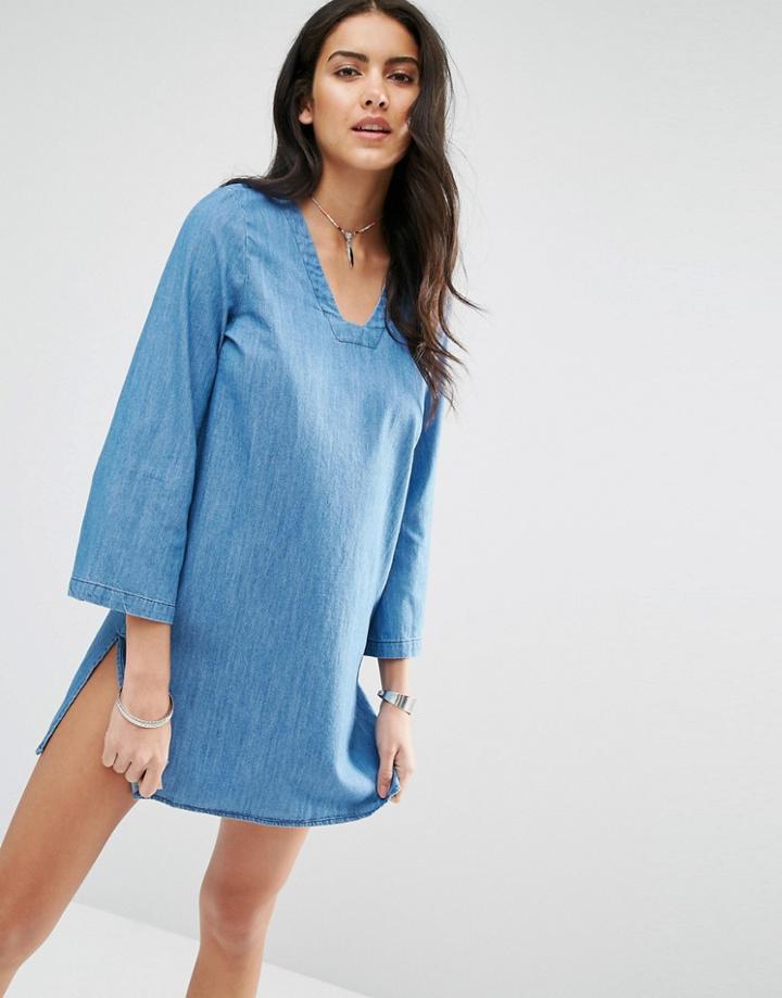 Only Bell Sleeve Denim Shift Dress - Medium Blue Denim