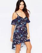 Oh My Love Cold Shoulder Tea Dress - Navy Floral