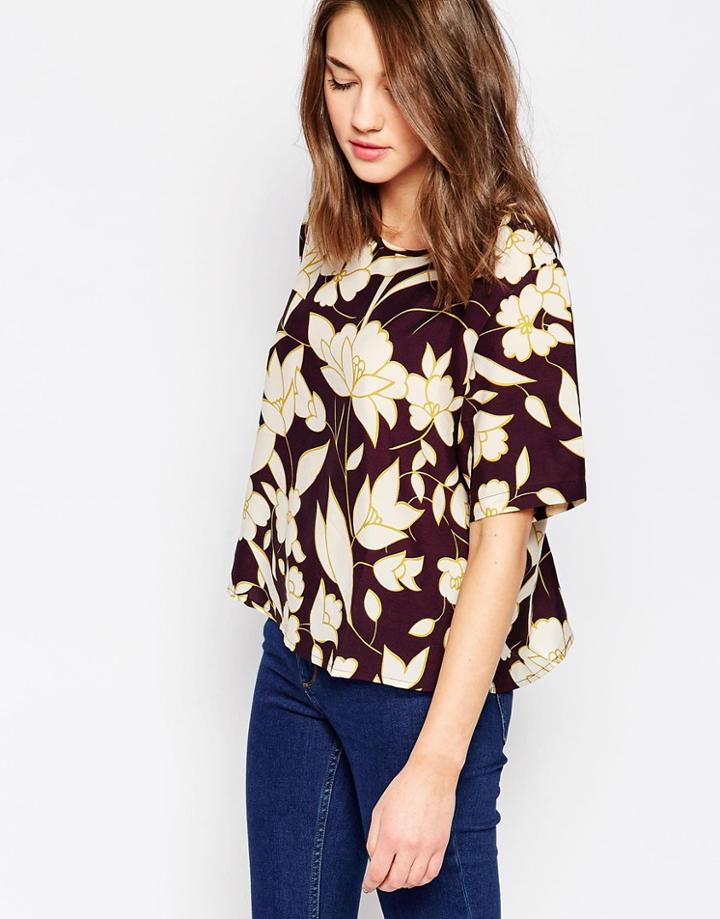 Brave Soul Floral Boxy Top - Burgandy