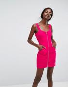 Asos Denim Zip Through Dress In Hot Pink - Pink