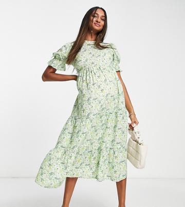 Influence Maternity Smock Midi Dress In Green Floral