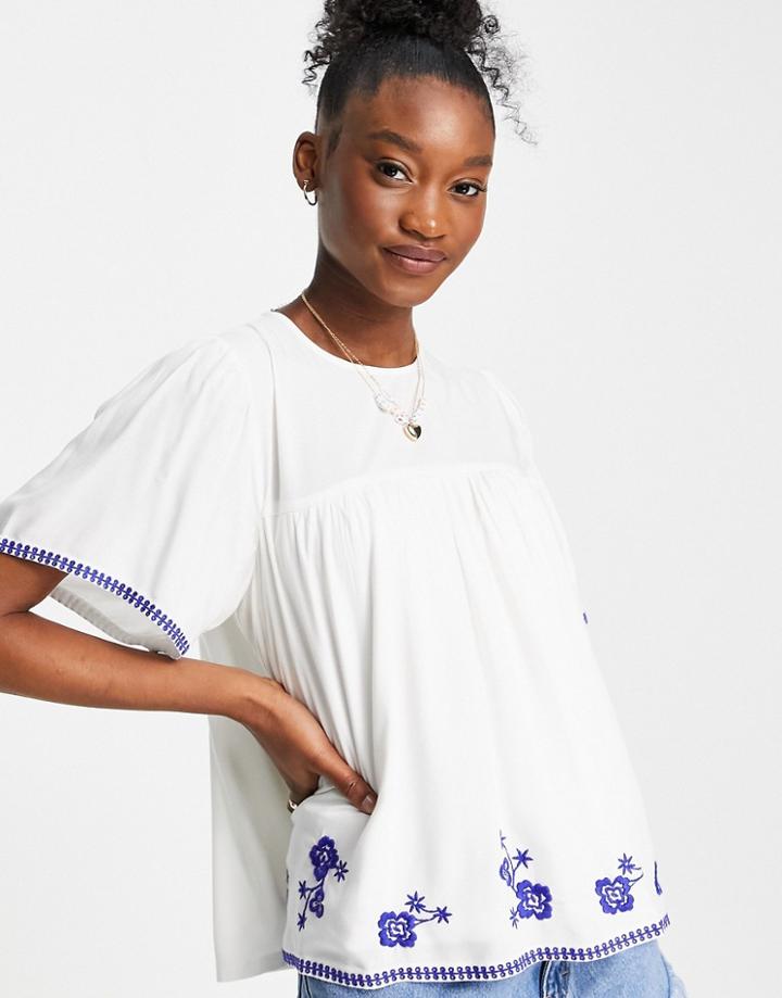 En Cr Me Short Sleeve Smock Blouse With Embroidery Trim-white