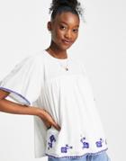 En Cr Me Short Sleeve Smock Blouse With Embroidery Trim-white