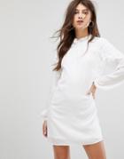 Fashion Union Long Sleeve Smock Dress With Ribbon Tie Gathers - White