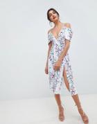 Asos Design Cowl Back Pleated Midi Dress In Stripe Floral Print - Multi