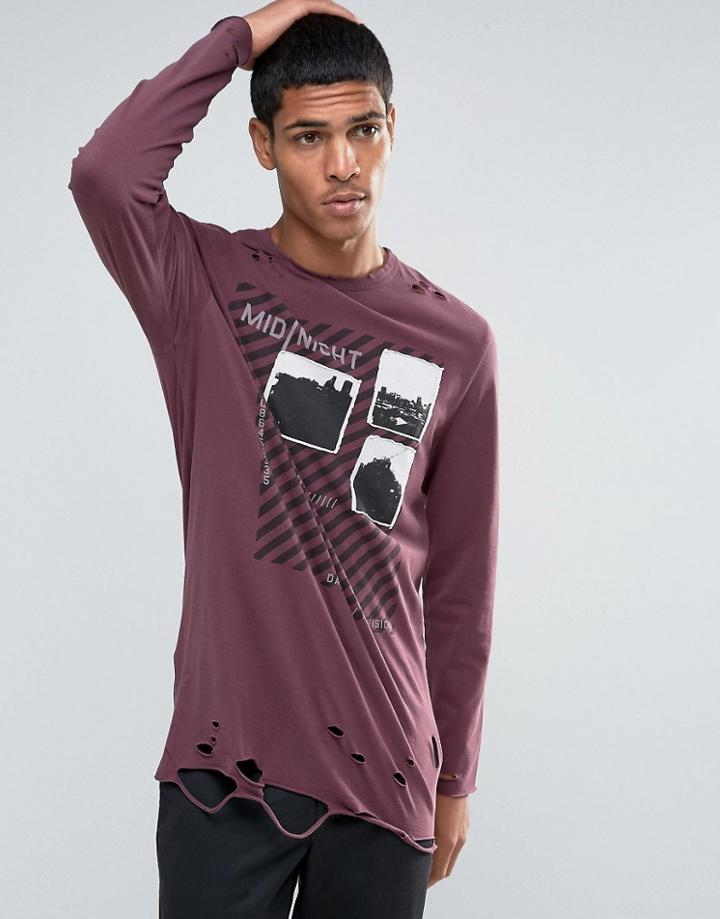 Asos Longline Long Sleeve T-shirt With Printed Applique And Distressed Hem - Red