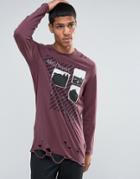 Asos Longline Long Sleeve T-shirt With Printed Applique And Distressed Hem - Red