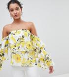 Prettylittlething Floral Ruffle Sleeve Top - White