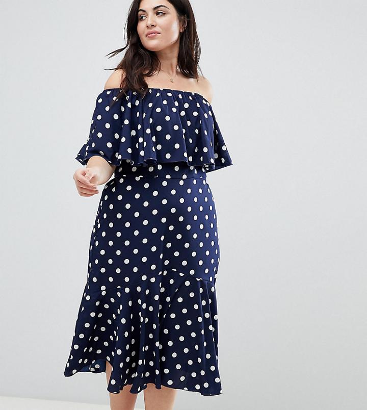 Influence Plus Polka Dot Bardot Midi Dress - Navy