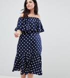 Influence Plus Polka Dot Bardot Midi Dress - Navy