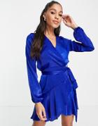 First Distraction The Label Satin Mini Wrap Dress In Cobalt-purple
