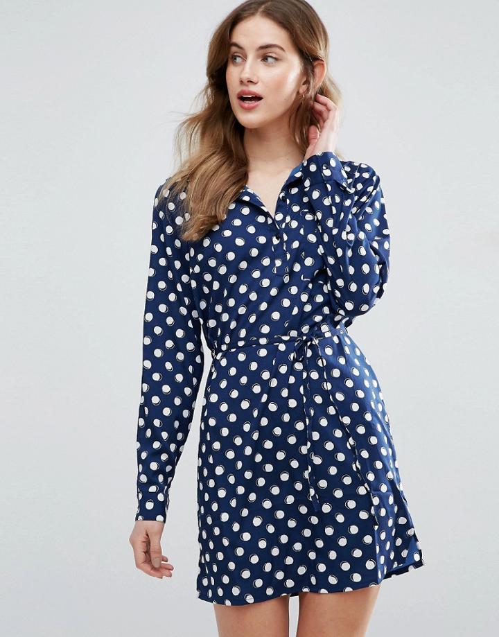 Vila Shirt Dress In Polka Dot Print - Navy