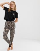 New Look Amour Animal Pyjama Jogger Set In Black Pattern - Black