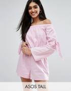 Asos Tall Off Shoulder Romper With Tie Detail - Purple