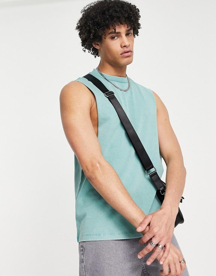 Asos Design Heavyweight Relaxed Tank Top In Light Blue Acid Wash