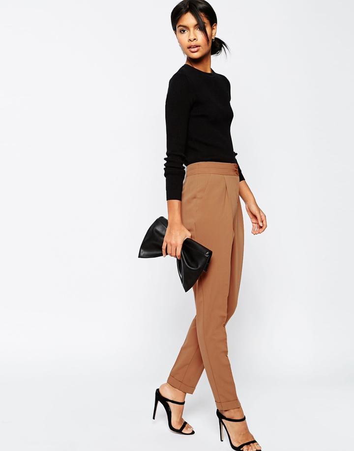 Asos Tailored High Waisted Pants With Turn Up Detail - Tobacco