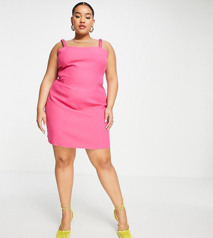 Missguided Plus Shirred Strap Mini Dress In Bright Pink - Part Of A Set