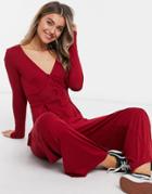 Asos Design Button Front Long Sleeve Tea Jumpsuit In Burgundy-red