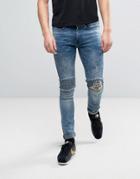 Religion Biker Jeans With Rip Repair Knee Detail In Skinny Fit With Stretch In Opium Wash Blue - Blue