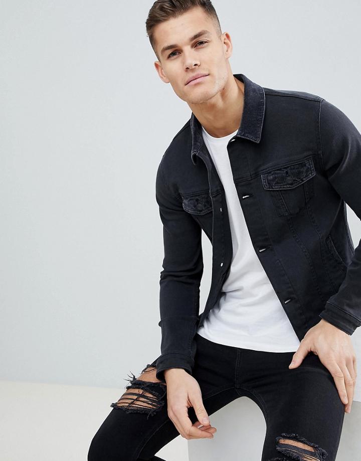 Asos Skinny Denim Jacket With Cord Collar In Washed Black - Black