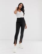 Asos Design Covered Buckle Skinny Pants With Hem Splits-black