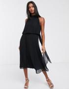 Asos Design Halter Tie Neck Midi Dress In Pleat-black