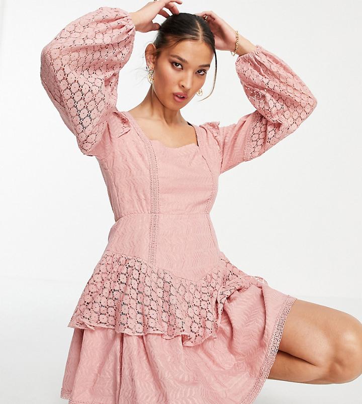 White Sand Cotton Mini Dress With Eyelet Trim In Dusky Pink