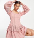 White Sand Cotton Mini Dress With Eyelet Trim In Dusky Pink