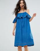 Qed London Denim Dress With Ruffle - Blue